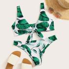 Romwe Leaf Print Knot Front Bikini Set