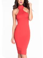 Romwe Red High Neck Cutout Bodycon Dress