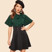 Romwe Tie Neck Raglan Sleeve Solid Top