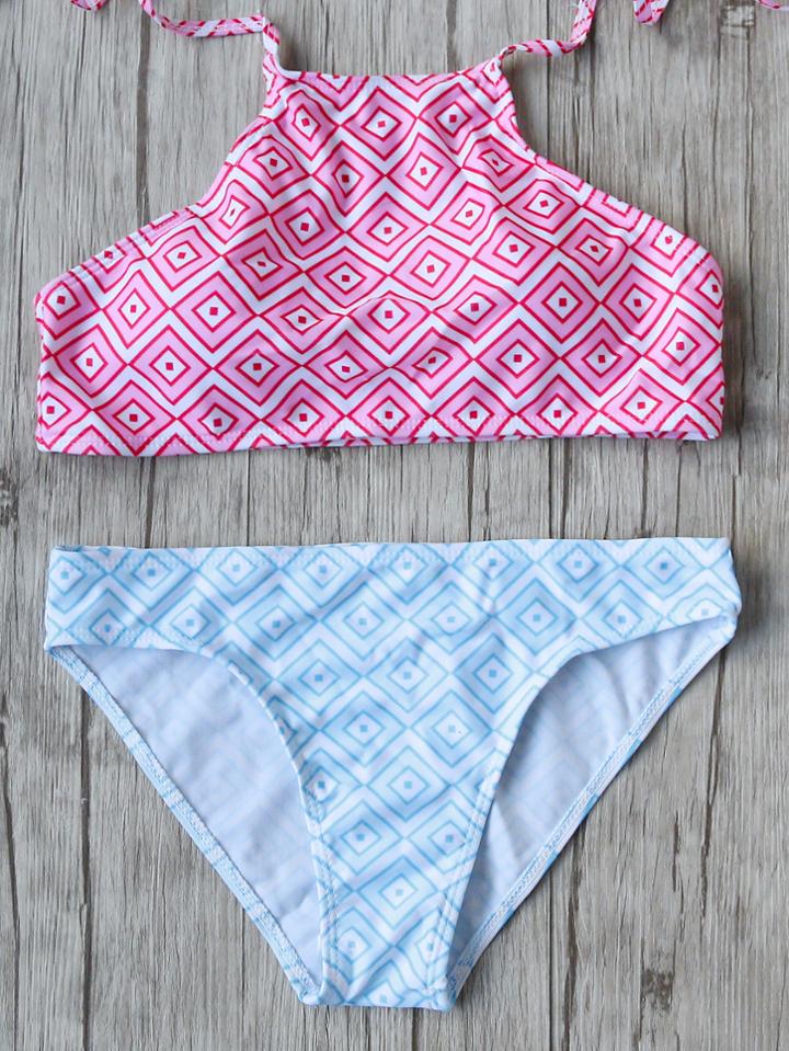 Romwe Pink And Blue Geometric Print Halter Bikini Set