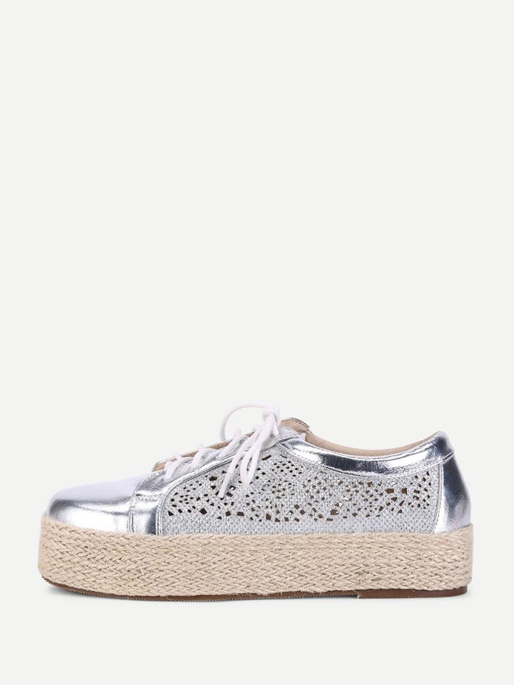 Romwe Metallic Lace Up Flatform Sneaker
