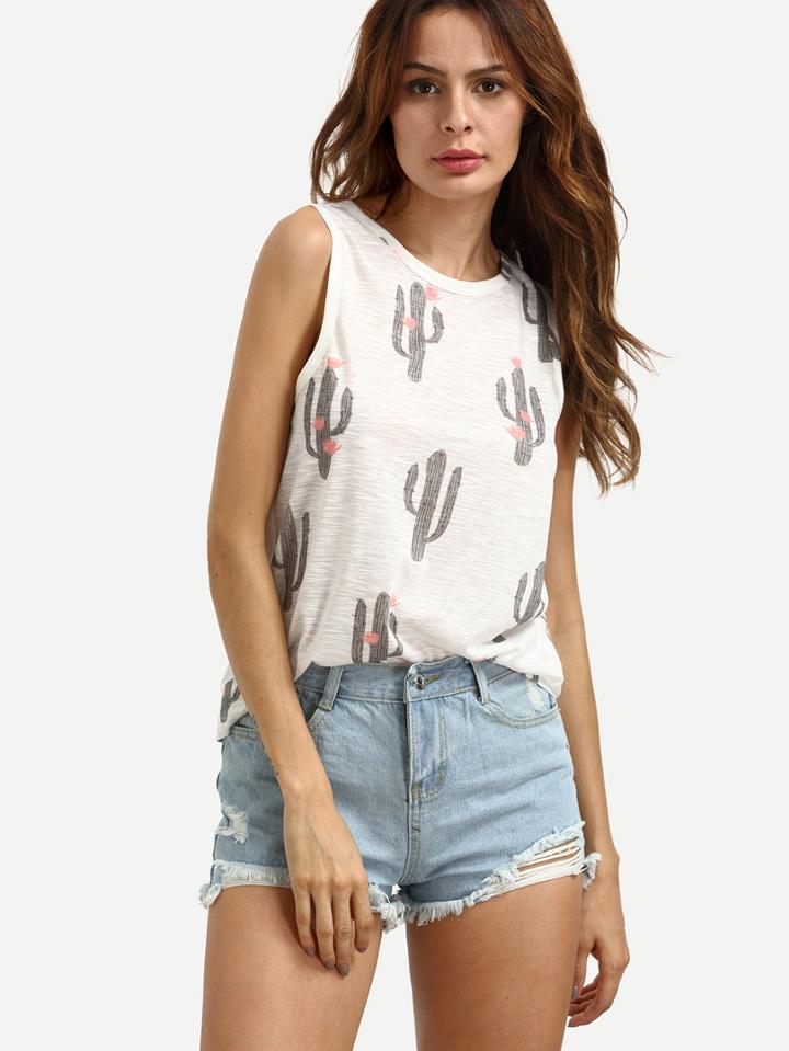 Romwe Cactus Print In White Sleeveless Tank Top