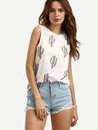 Romwe Cactus Print In White Sleeveless Tank Top