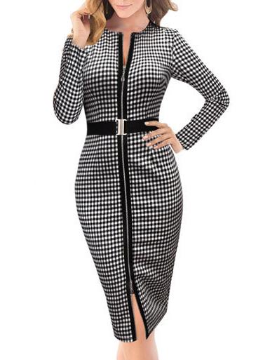 Romwe Long Sleeve Plaid Zipper Sheath Dress