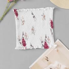 Romwe Floral Pleated Crop Tube Top