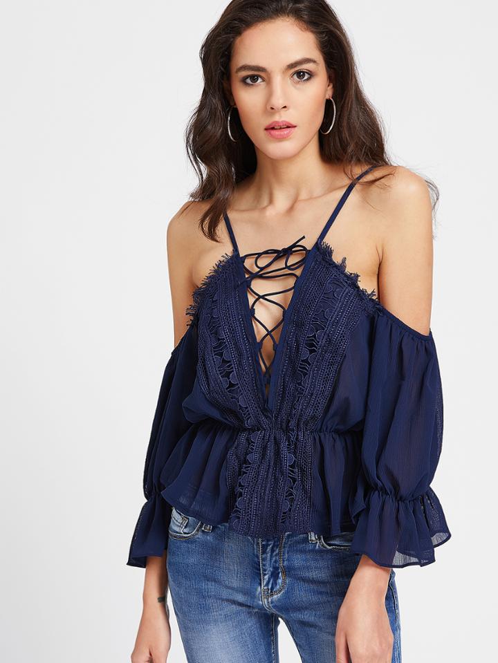 Romwe Navy Tie Front Crochet Lace Bell Sleeve Blouse