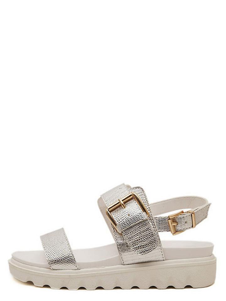 Romwe Silver Open Toe Platform Buckle Sandals
