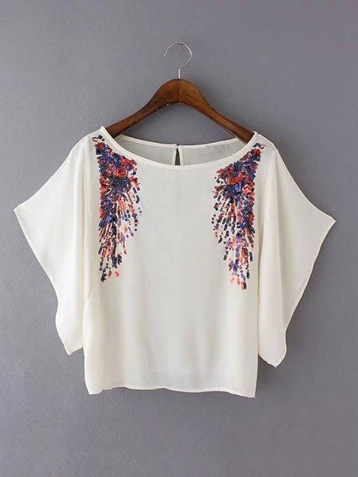 Romwe Batwing Sleeve Keyhole Back Top With Sequin Detail