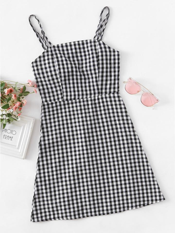 Romwe Checked Zip Back Cami Dress