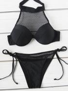Romwe Net Detail Side Tie Halter Bikini Set