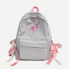Romwe Bow Tie Decor Flamingos Embroidered Backpack