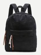 Romwe Black Zipper Front Canvas Backpack