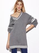 Romwe Grey Striped Trim Drop Shoulder Patch Sweater