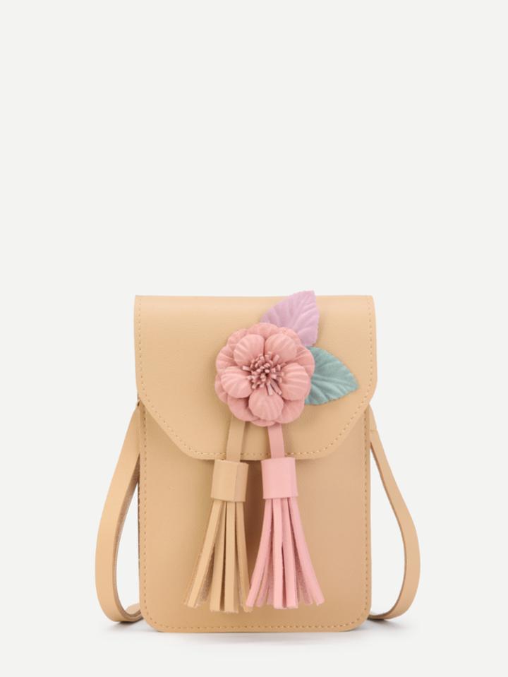 Romwe Tassel Detail Pu Pouch Bag With Flower