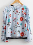 Romwe Blue Flower Print Single Breasted Back Blouse