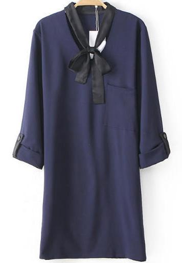 Romwe Tie-neck Pocket Navy Blouse
