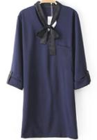 Romwe Tie-neck Pocket Navy Blouse