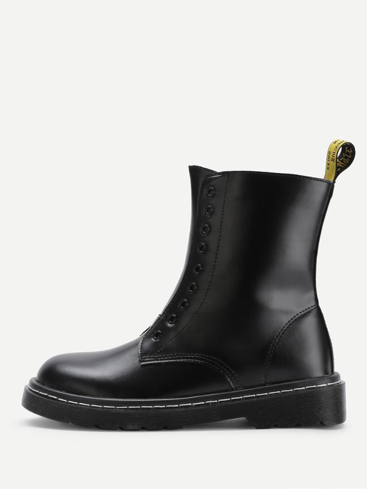 Romwe Round Toe Side Zipper Pu Ankle Boots