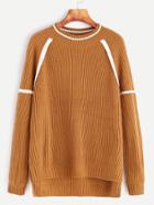Romwe Khaki Contrast Trim Raglan Sleeve Dip Hem Sweater