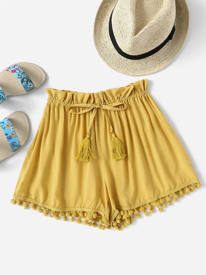 Romwe Drawstring Waist Pompom Hem Shorts