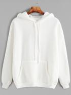 Romwe White Drop Shoulder Drawstring Hooded Pocket Sweatshirt