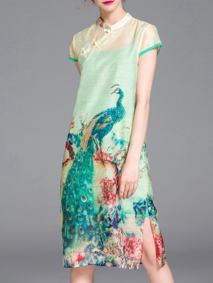 Romwe Multicolor Peacock Print Shift Split Dress