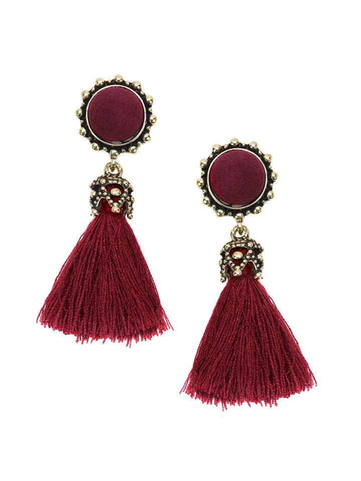 Romwe Burgundy Tassel Gold Trim Vintage Earrings