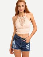 Romwe Lace Insert Cutout Ribbed Crop Cami Top - Pink