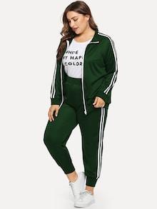 Romwe Plus Contrast Striped Side Zip Up Sweatshirt With Pants