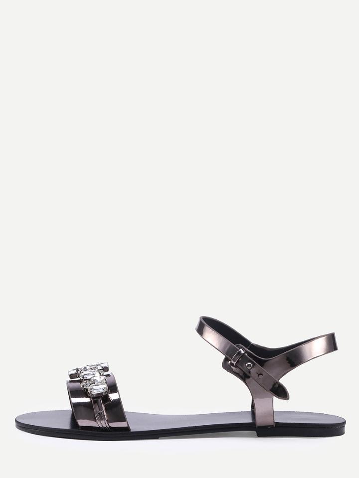 Romwe Rhinestone Embellished Faux Leather Sandals - Black