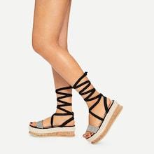 Romwe Open Toe Tie Leg Wedge Heels
