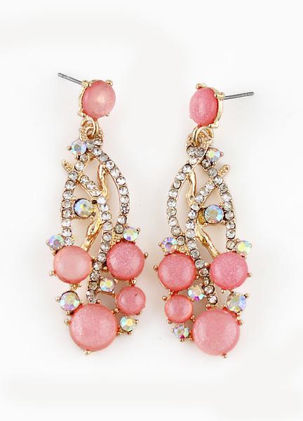 Romwe Pink Gemstone Gold Crystal Earrings