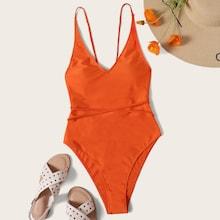 Romwe Lace Up High Leg One Piece Swimsuit