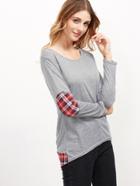 Romwe Grey Contrast Plaid Hem High Low T-shirt