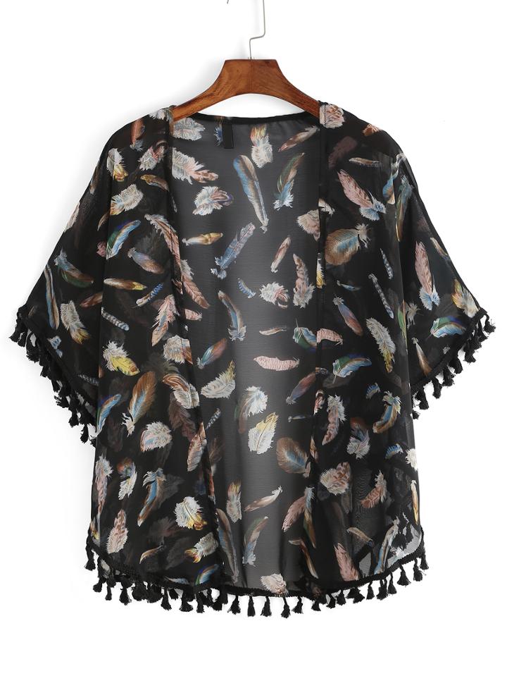Romwe Feather Print Fringe Chiffon Top