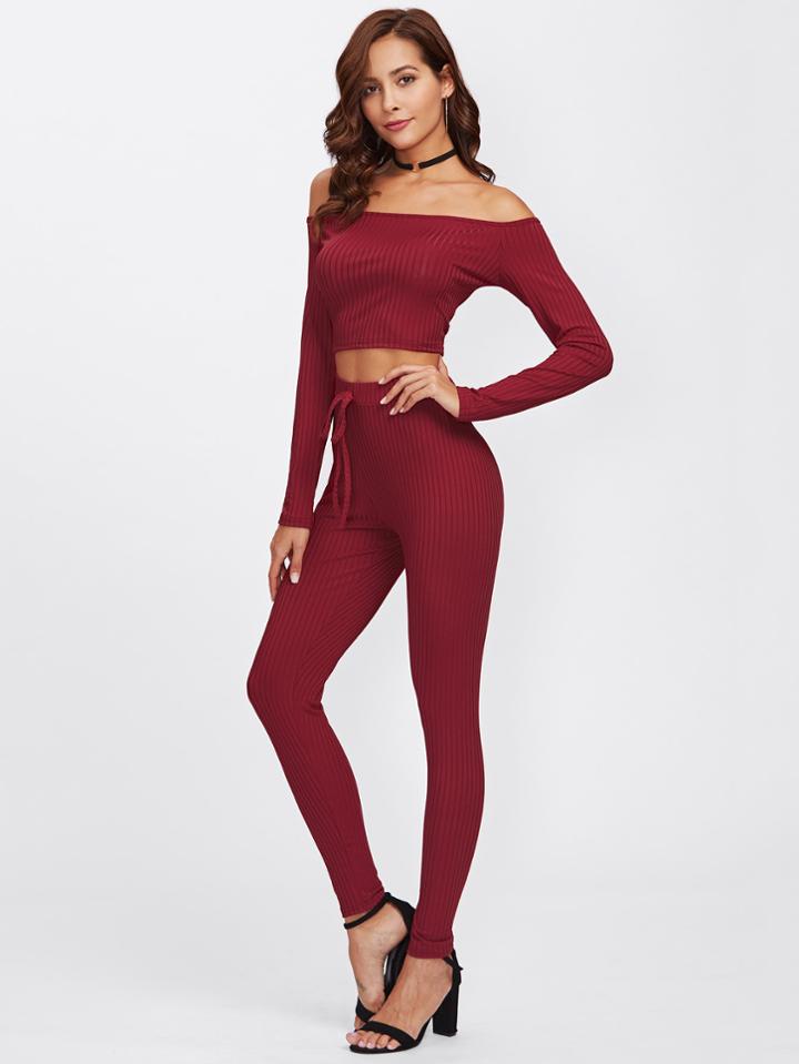 Romwe Off Shoulder Ribbed Top And Drawstring Waist Pants