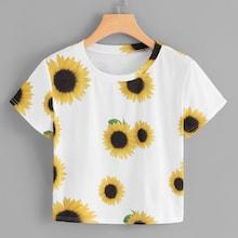 Romwe Sunflower Print Crop Tee