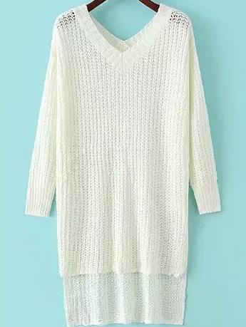 Romwe V Neck Dip Hem White Sweater