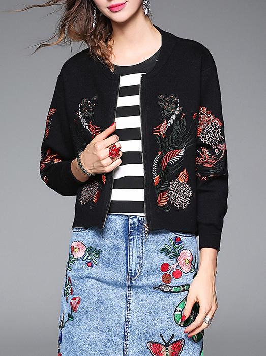 Romwe Black Leaves Embroidered Zipper Knit Coat
