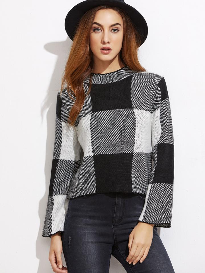 Romwe Black And White Checkered Mock Neck Crop Sweater