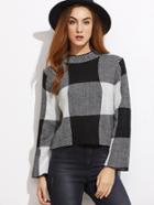 Romwe Black And White Checkered Mock Neck Crop Sweater
