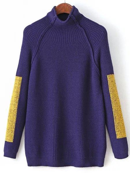 Romwe Blue Color Block Mock Neck Raglan Sleeve Sweater
