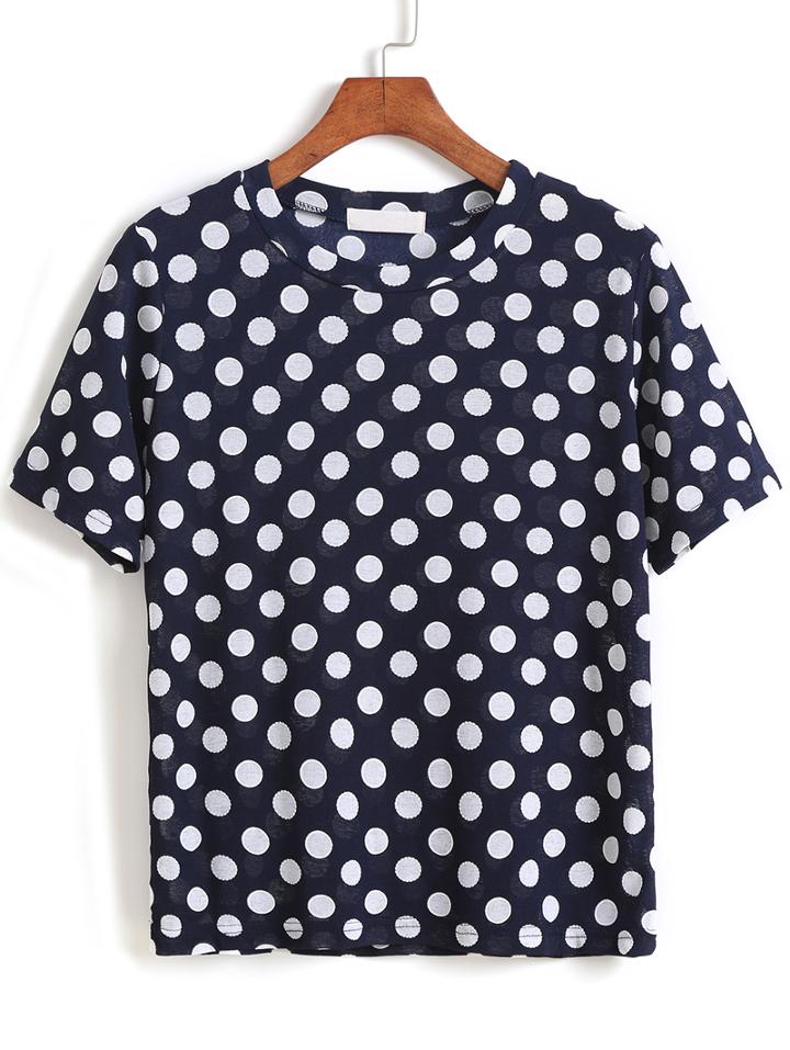 Romwe Round Neck Polka Dot T-shirt