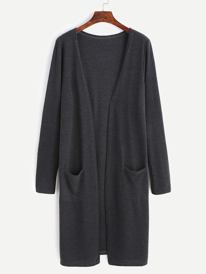 Romwe Grey Open Front Pockets Long Coat