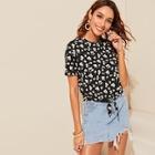 Romwe Ditsy Floral Print Knotted Hem Tee