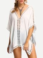 Romwe White V Neck Elbow Sleeve Hollow Out Shirt