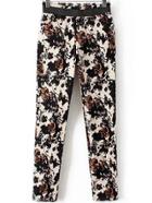 Romwe Elastic Waist Ink Flower Print Black Pant