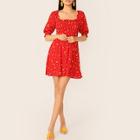 Romwe Bishop Sleeve Floral Fit & Flare Smocked Dress