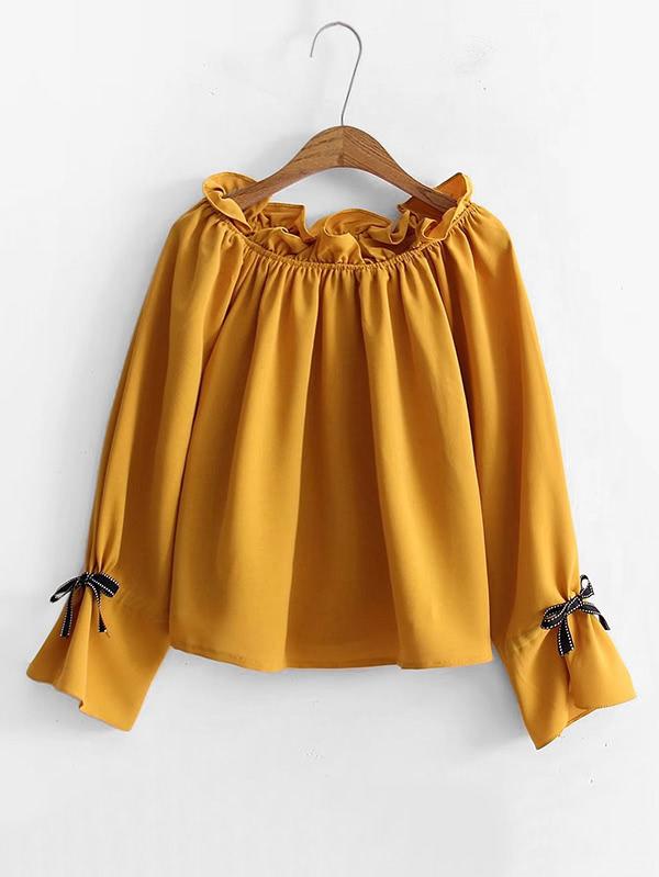 Romwe Ruffle Detail Drawstring Sleeve Blouse