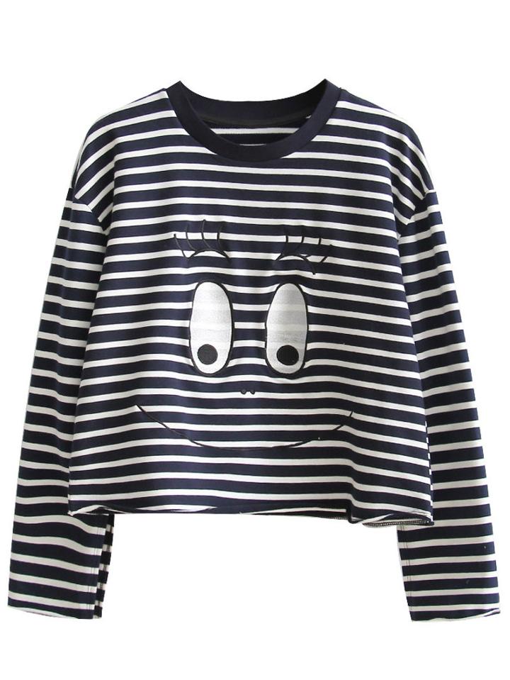 Romwe Navy Striped Eye Embroidered Sweatshirt